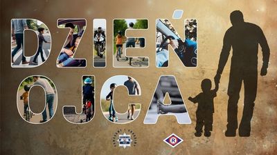 &quot;Plakat z napisem: Dzień Ojca, pod spodem gwiazda policyjna i napis: Pomagamy i chronimy oraz logo ruchu drogowego.&quot;