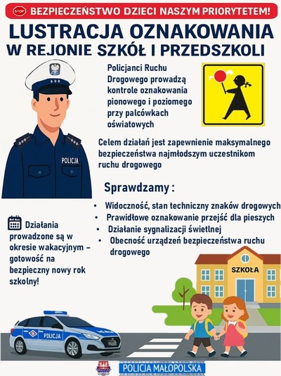 Plakat odnośnie lustracji oznakowani w rejonie szkół