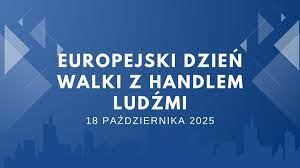 Plakat Europejskiego Dnia Przeciwko Handlu Ludźmi. Białe litery na niebieskim tle.