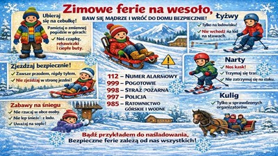 "Grafika w formie komiksu przedstawia dzieci podczas różnych form zimowego wypoczynku oraz porady jak bezpiecznie spędzać czas. Treść porad zawarta w komunikacie."