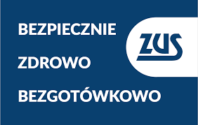 Logo projektu ZUS - napis ZUS oraz bezpiecznie, zdrowo, bezgotówkowo na niebieskim tle.