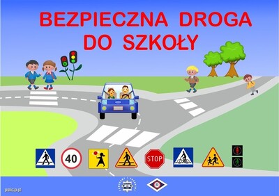 "Grafika z napisem Bezpieczna droga do szkoły. Dziewczynka i chłopiec stojący na przejściu dla pieszych."