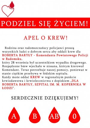 &quot;Plakat zachęcający do oddawania krwi dla chorego policjanta&quot;