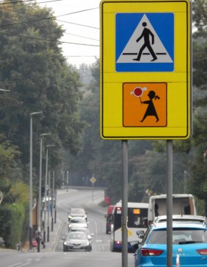 &quot;Na pierwszym planie znak drogowy pionowy „przejście dla pieszych” wraz z tabliczką „agatka” wskazującą że przejście dla pieszych jest szczególnie uczęszczane przez dzieci. W tle perspektywa drogi w obszarze zabudowanym, umiarkowany ruch, dobre warunki drogowe.&quot;