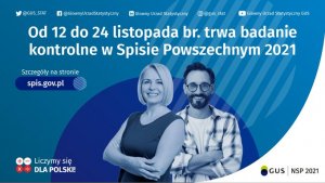 &quot;plakat przedstawiający kobietę i mężczyznę na niebieskim tle, a nad nimi napis: Od 12 do 24 listopada br. trwa badanie kontrolne w Spisie Powszechnym 2021&quot;