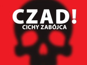 Zdjęcie czarnej czaszki na czerwonym tle i napis &quot; czad! cichy zabójca&quot;