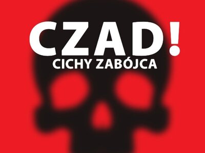 Zdjęcie czarnej czaszki na czerwonym tle i napis " czad! cichy zabójca"