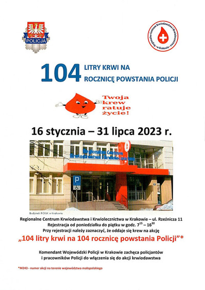 Plakat akcji oddawania krwi 104 litry krwi na 104 rocznicę powstania Policji
