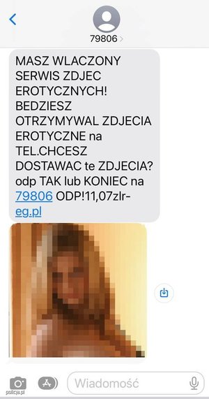 Przykładowa fałszywa wiadomość MMS z informacją o włączeniu usługi serwisu zdjęć erotycznych