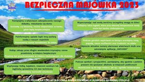&quot;Grafika przedstawiająca górskie zbocza, strumyk z kamieniami i błękitne niego. Na niej naniesione są porady na bezpieczną majówkę przygotowane przez Biuro Prewencji Komendy Głównej, które zawarte są w tekście&quot;