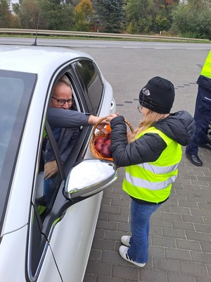 Akcja profilaktyczna &quot;Jabłko - Cytrynka&quot;. Uczniowie Szkoły Podstawowej w Mniszowie rozdawali jabłka i cytrynki dla kierujących stosujących się do przepisów ruchu drogowego oraz łamiących przepisy prawa.